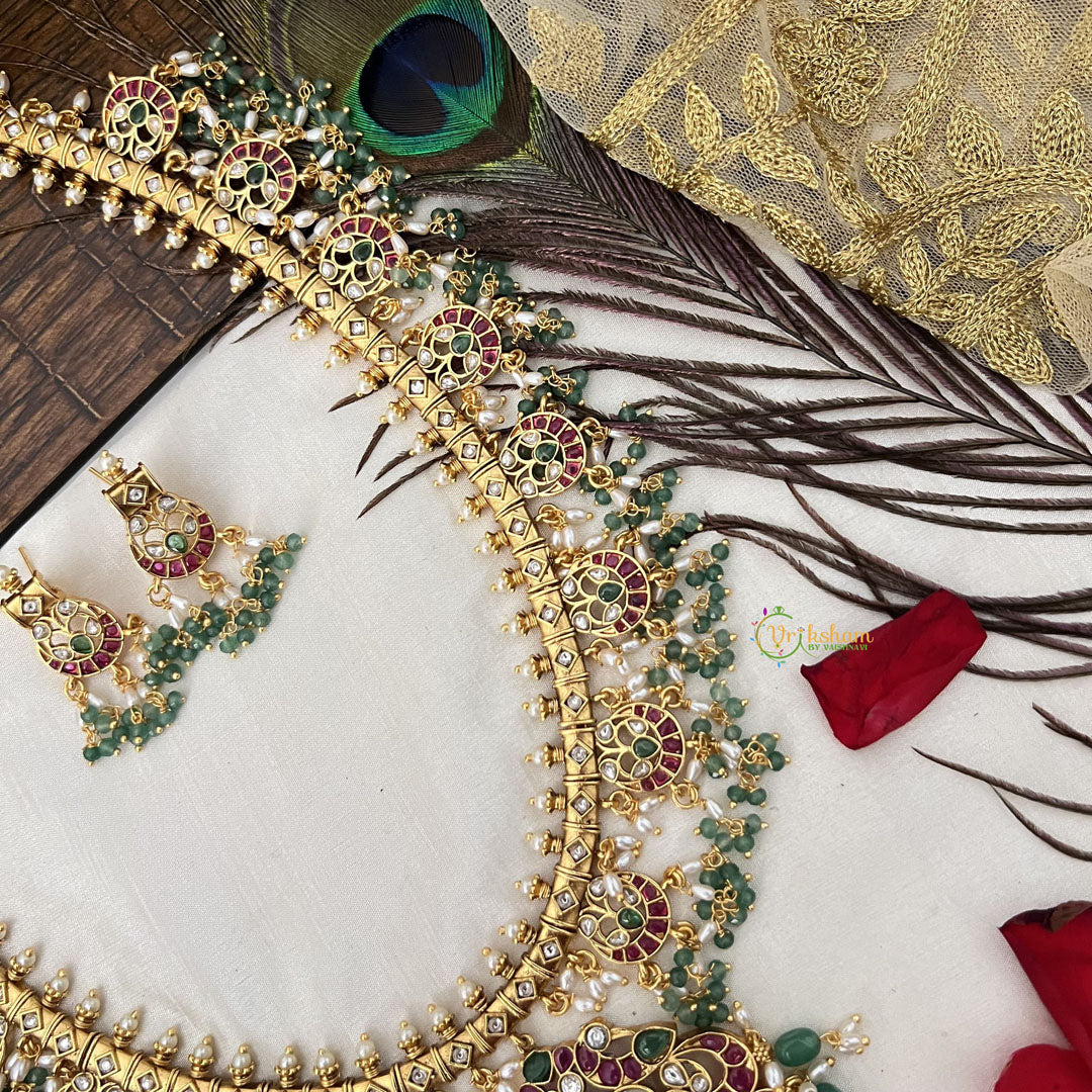 Vriksham Traditional  Dual Peacock Guttapusalu Haaram-Rice Pearl & Green Bead-G19156