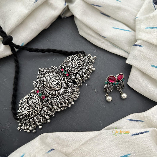 Silver Look Alike Dual Peacock with Durga Choker-S796