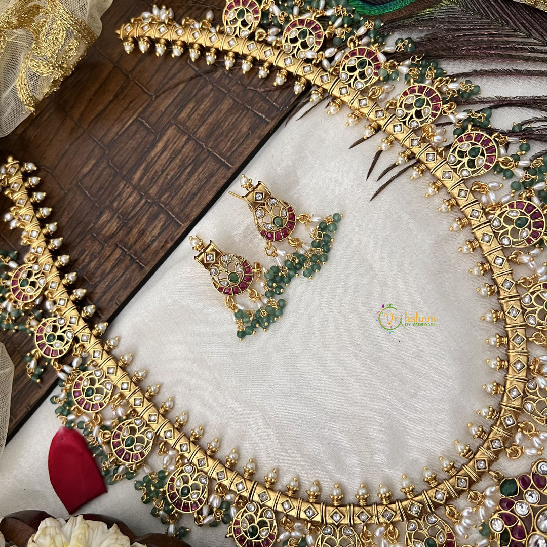 Vriksham Traditional  Dual Peacock Guttapusalu Haaram-Rice Pearl & Green Bead-G19156