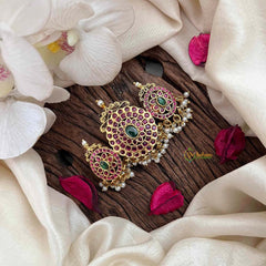 Vriksham Temple Design Gold Plated Style With Pearls Hair Clip-Red Green-G21486