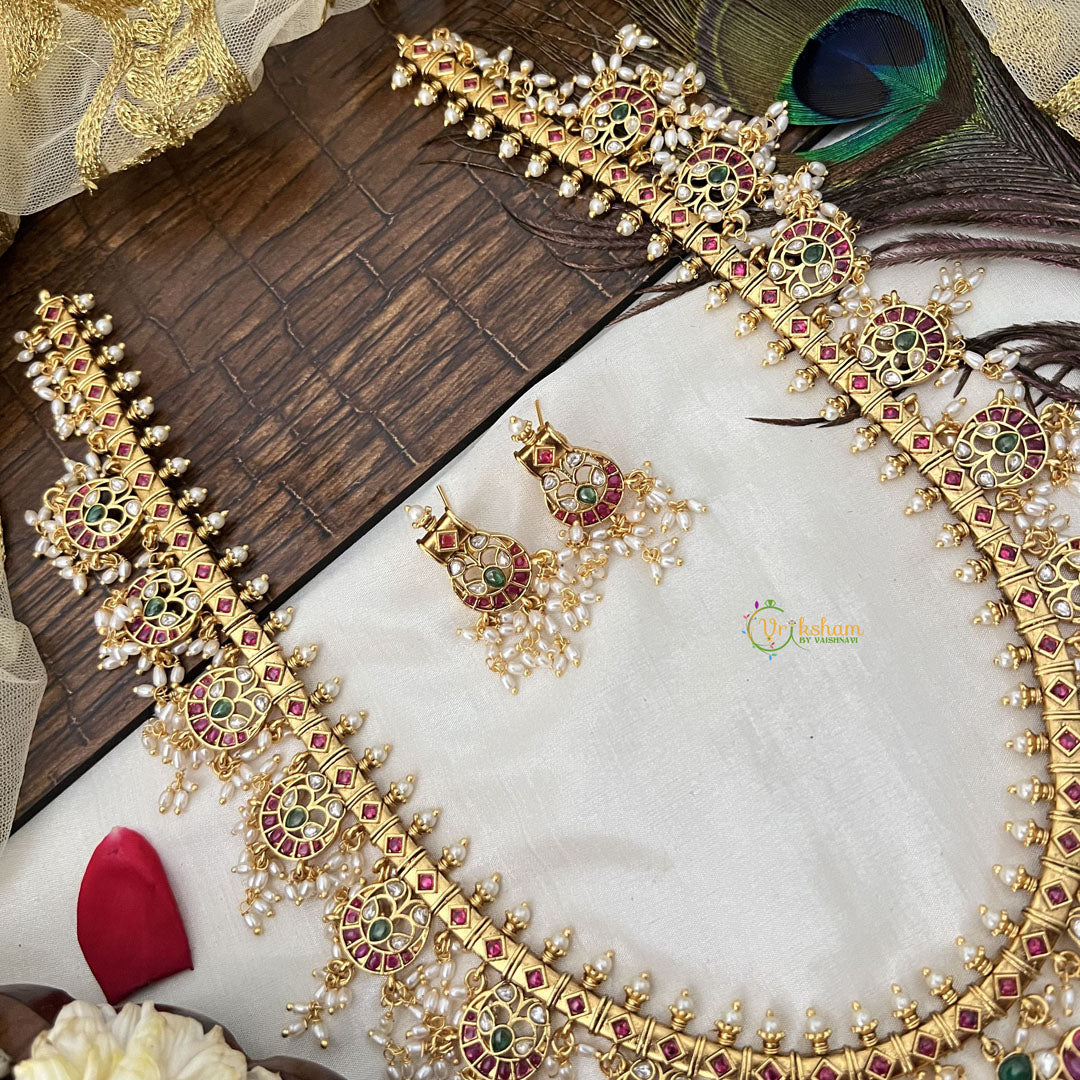 Vriksham Traditional  Dual Peacock Guttapusalu Haaram-Rice Pearl-G19155