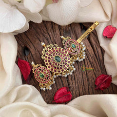 Vriksham Temple Design Gold Plated Style With Pearls Hair Clip-Red Green-G21486