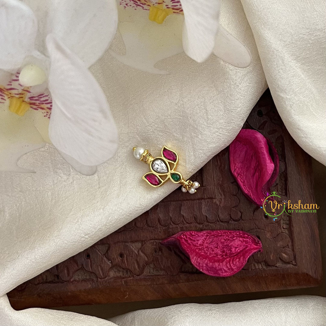 Vriksham Unique Lotus Shape Kundan Nath-Red Green & White-Pearls-J3040