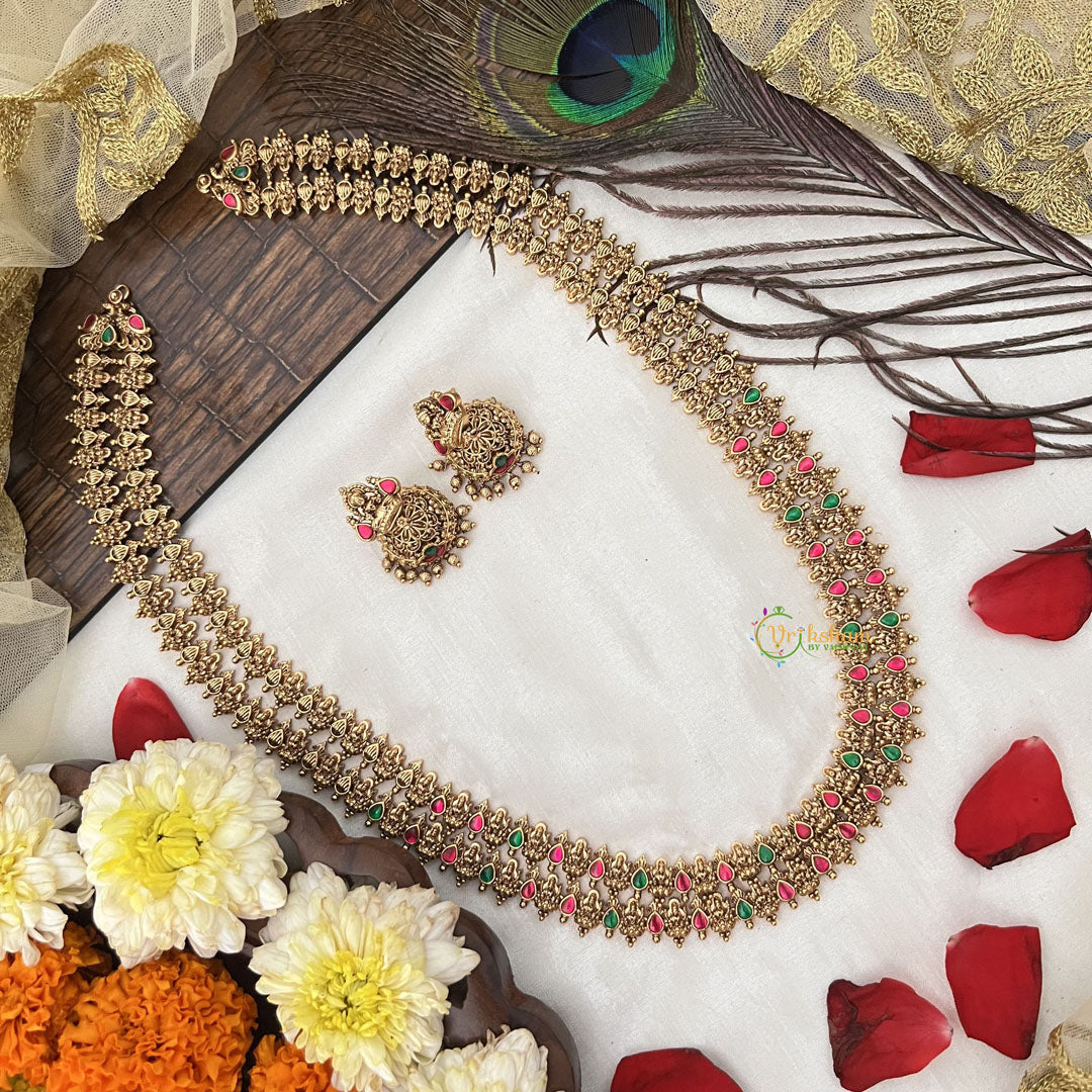 Vriksham Double Layer Gold Plated Lakshmi With Leaf Long Neckpiece-Red Green-G19154