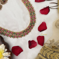 Vriksham Double Layer Gold Plated Lakshmi With Leaf Long Neckpiece-Red Green-G19154