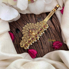 Vriksham Elegant Peacock Feather Gold Touch Style With Pearls Hair Clip-Red-G21488