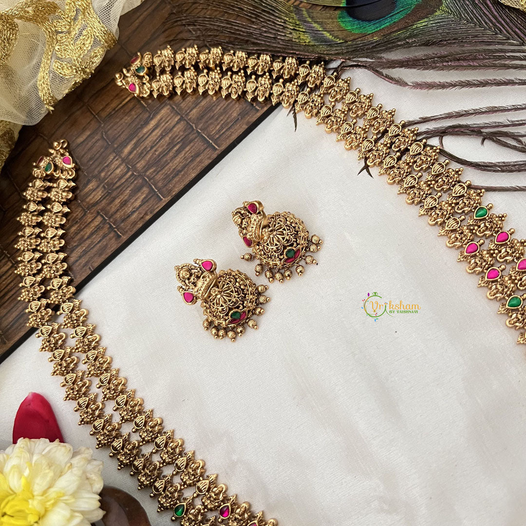 Vriksham Double Layer Gold Plated Lakshmi With Leaf Long Neckpiece-Red Green-G19154