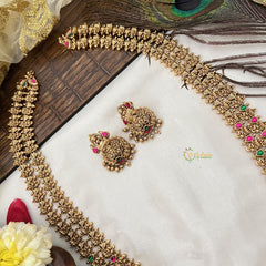Vriksham Double Layer Gold Plated Lakshmi With Leaf Long Neckpiece-Red Green-G19154