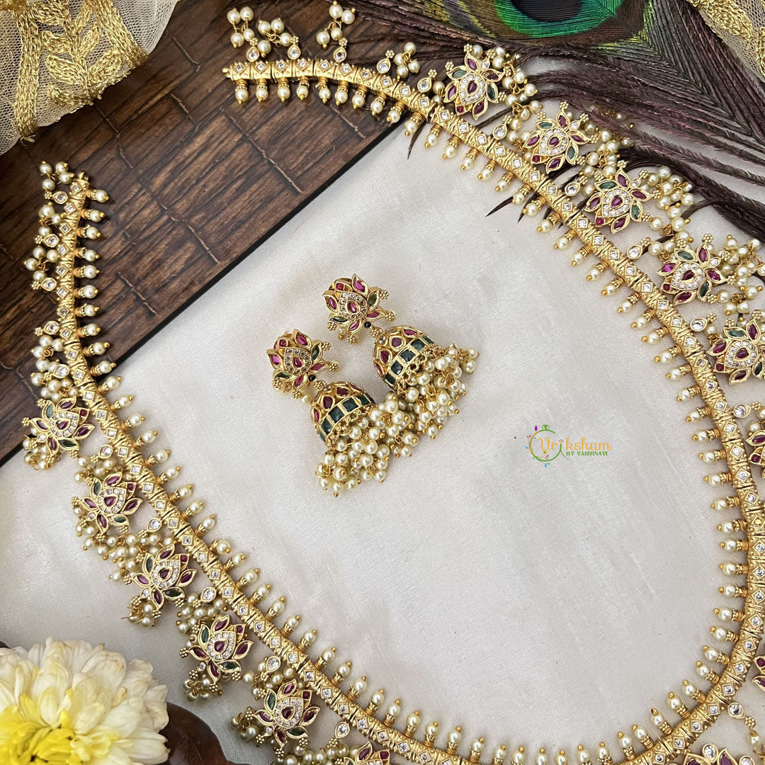 Vriksham Designer Lotus Floral Style Guttapusalu Long Neckpiece-Pearl-G19160