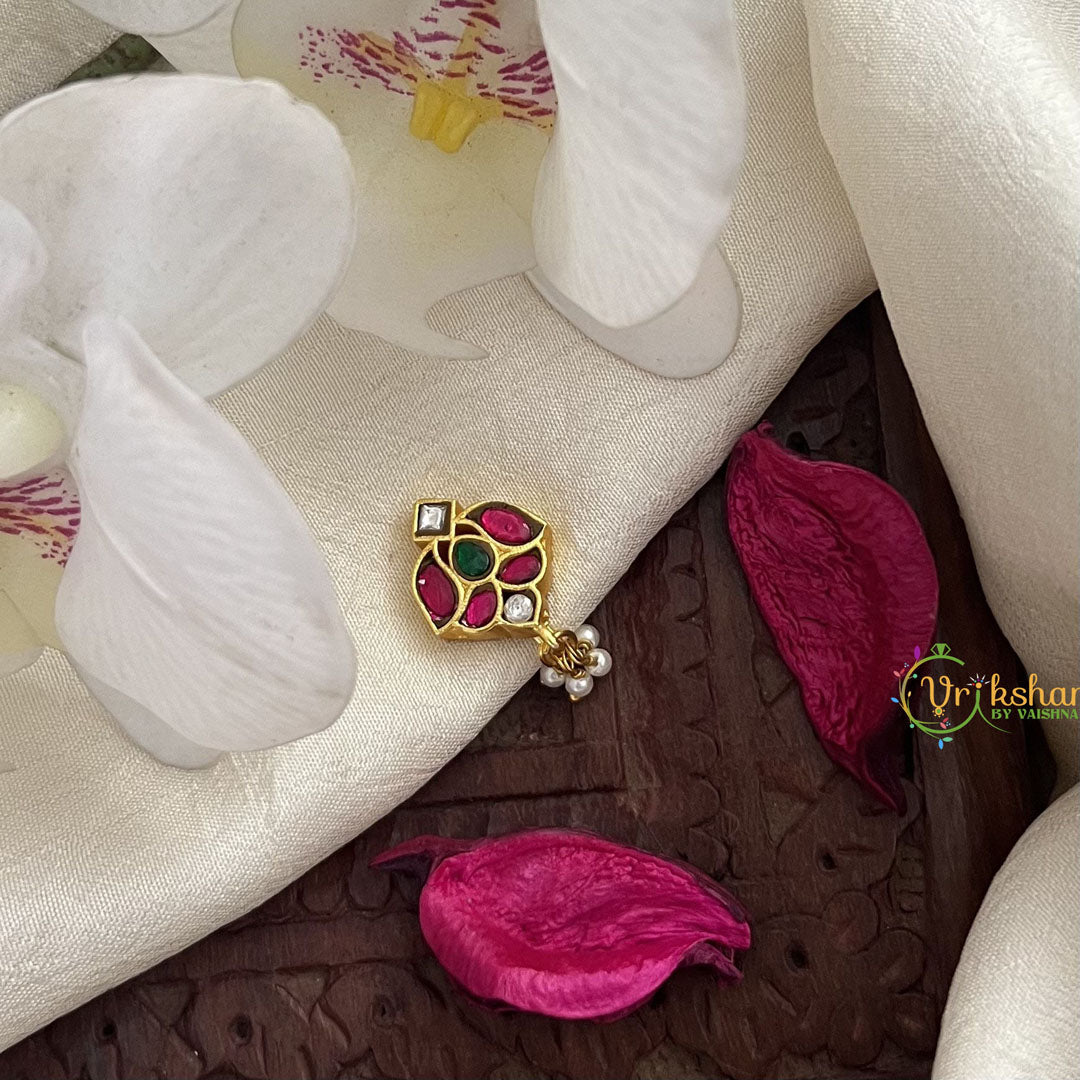 Vriksham Antique Flower Kundan Nath-Red White & Green-Pearls-J3035