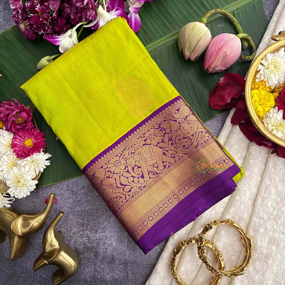 Vriksham Parrot Green Shade With Purple Gold Zari Korvai Pure Silk Saree-VS4982