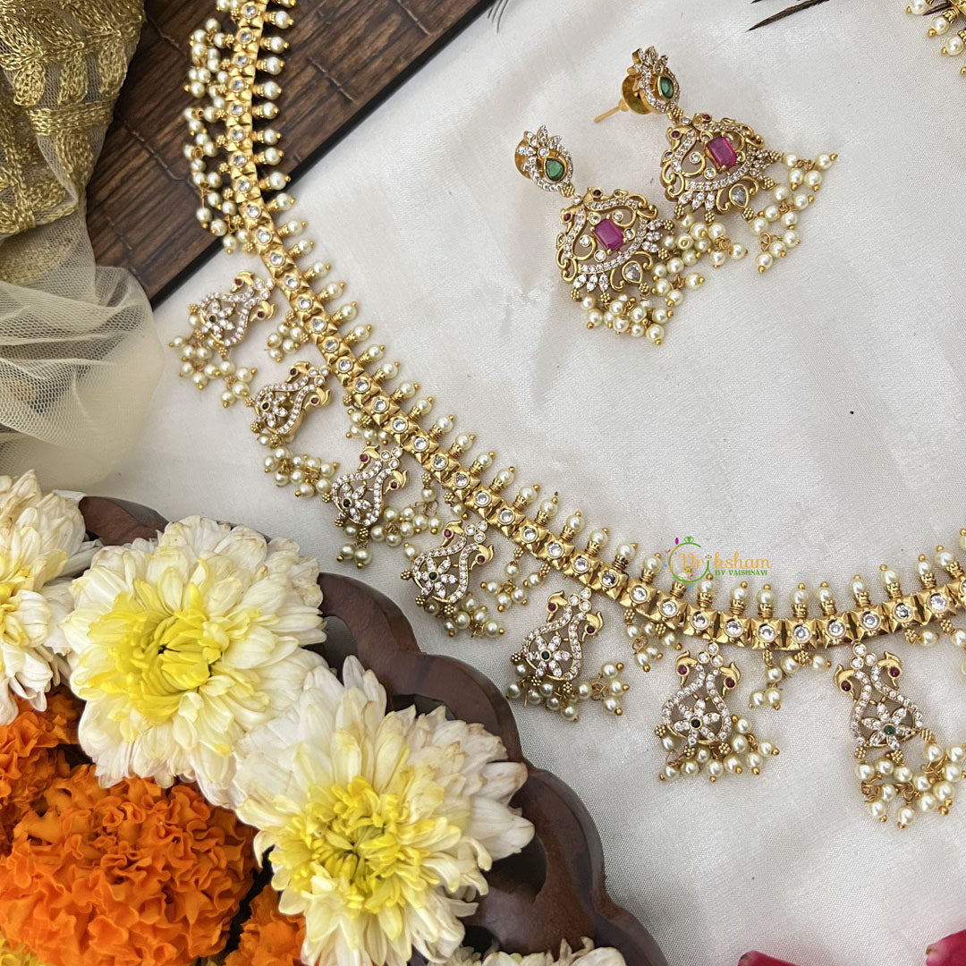 Vriksham Designer Dual Peacock Style Guttapusalu Long Neckpiece-Pearl-G19161