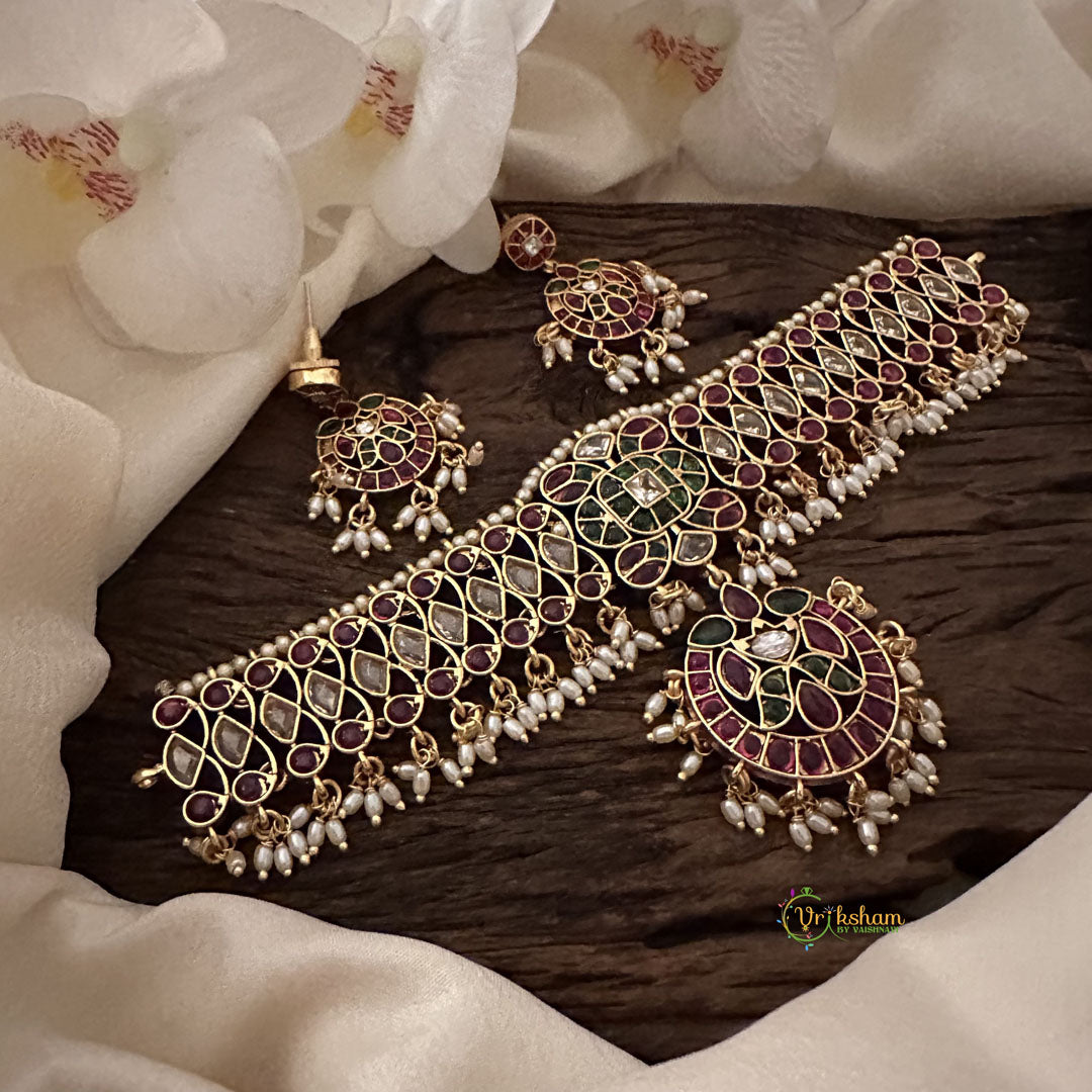 Vriksham Precious AD Stone High Neck Choker-Red Green-Rice Pearls-G15806