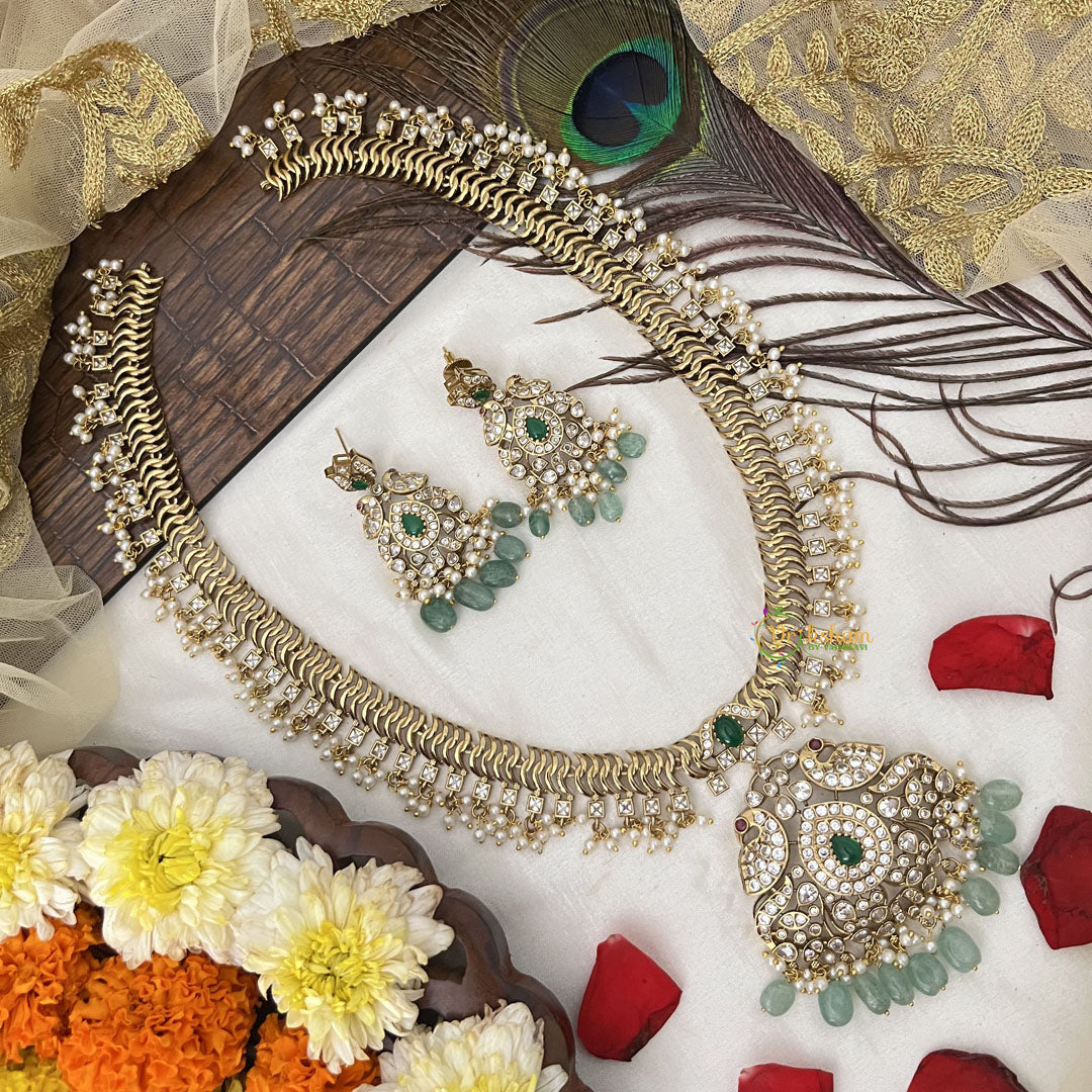 Vriksham Designer Dual Peacock Gold Plated Long Neckpiece-Aqua Green Bead-G19142