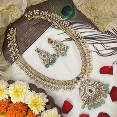 Vriksham Designer Dual Peacock Gold Plated Long Neckpiece-Aqua Green Bead-G19142