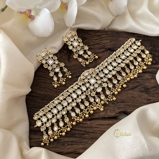 Vriksham Designer White AD Stone High Neck Choker-Gold Bead-G15800