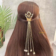 Vriksham Butterfly With Square Diamond Charms & Multi-Strand Pearl Braid Clip Jad Bilai-G22066
