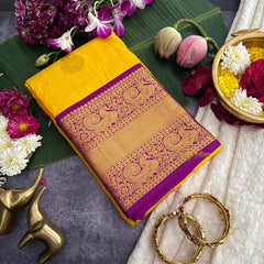 Vriksham Amber Yellow Shade With Maroon Gold Zari Korvai Pure Silk Saree-VS4979