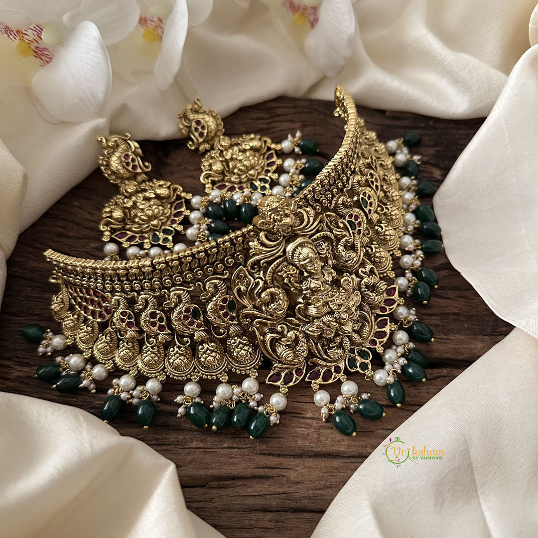 Vriksham Antique Lakshmi High Neck Choker-Green Bead-G15809