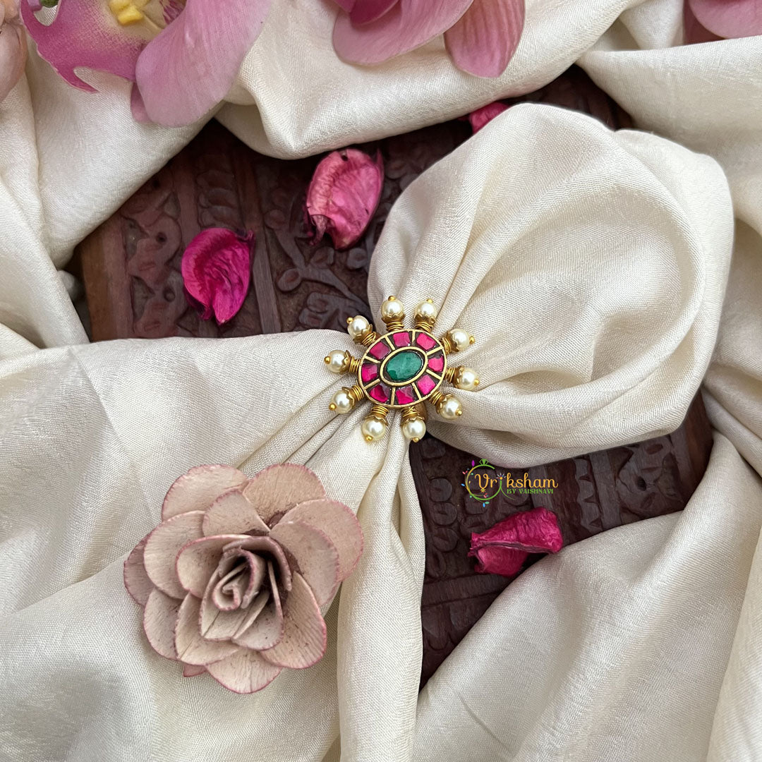 Vriksham Antique Oval Shape Jadau Kundan Finger Ring-Pearl-Red Green-J3411