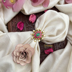 Vriksham Antique Oval Shape Jadau Kundan Finger Ring-Pearl-Red Green-J3411