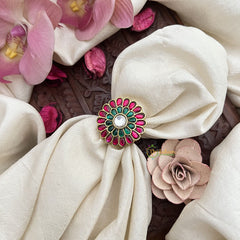 Vriksham Antique Floral Jadau Kundan Finger Ring-Red Green & White-J3418