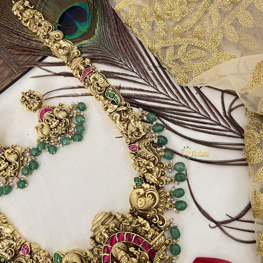 Vriksham Antique Lakshmi Pendant & Haathi Flower Haram-Green Bead-G19137