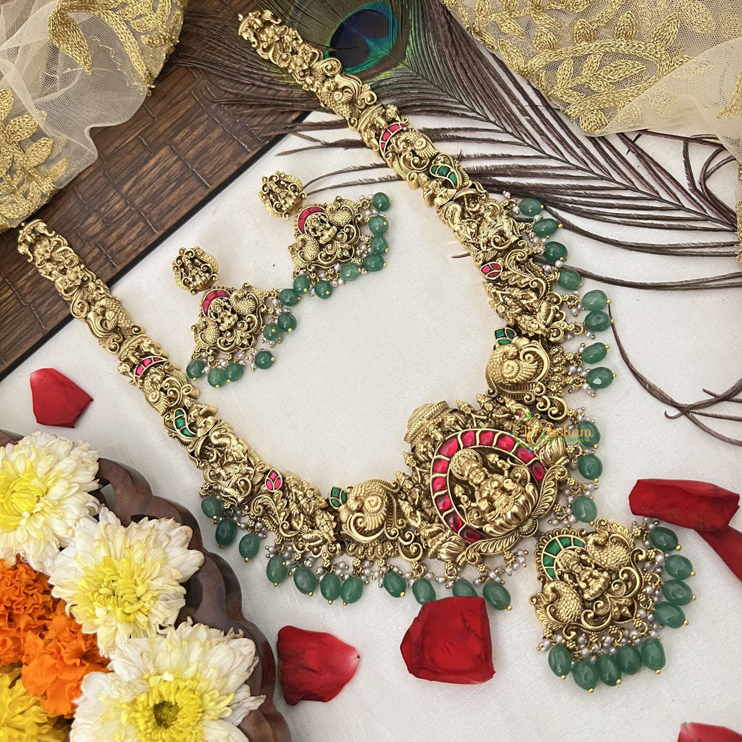 Vriksham Antique Lakshmi Pendant & Haathi Flower Haram-Green Bead-G19137