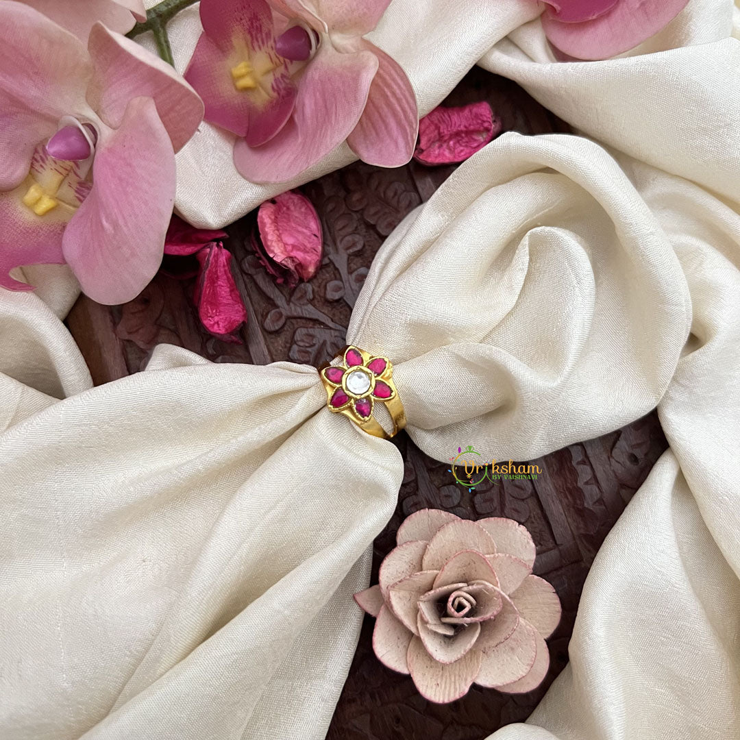 Vriksham Elegant Floral Jadau Kundan Finger Ring-Red & White-J3675