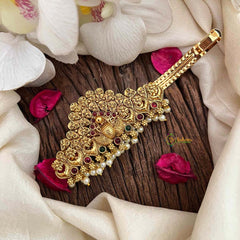 Vriksham Elegant Peacock Feather Gold Touch Style With Pearls Hair Clip-Red Green-G21487