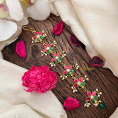 Vriksham Premium Floral Style Kundan Jadau Jad Billai-Red Green & White-Pearls-J4105