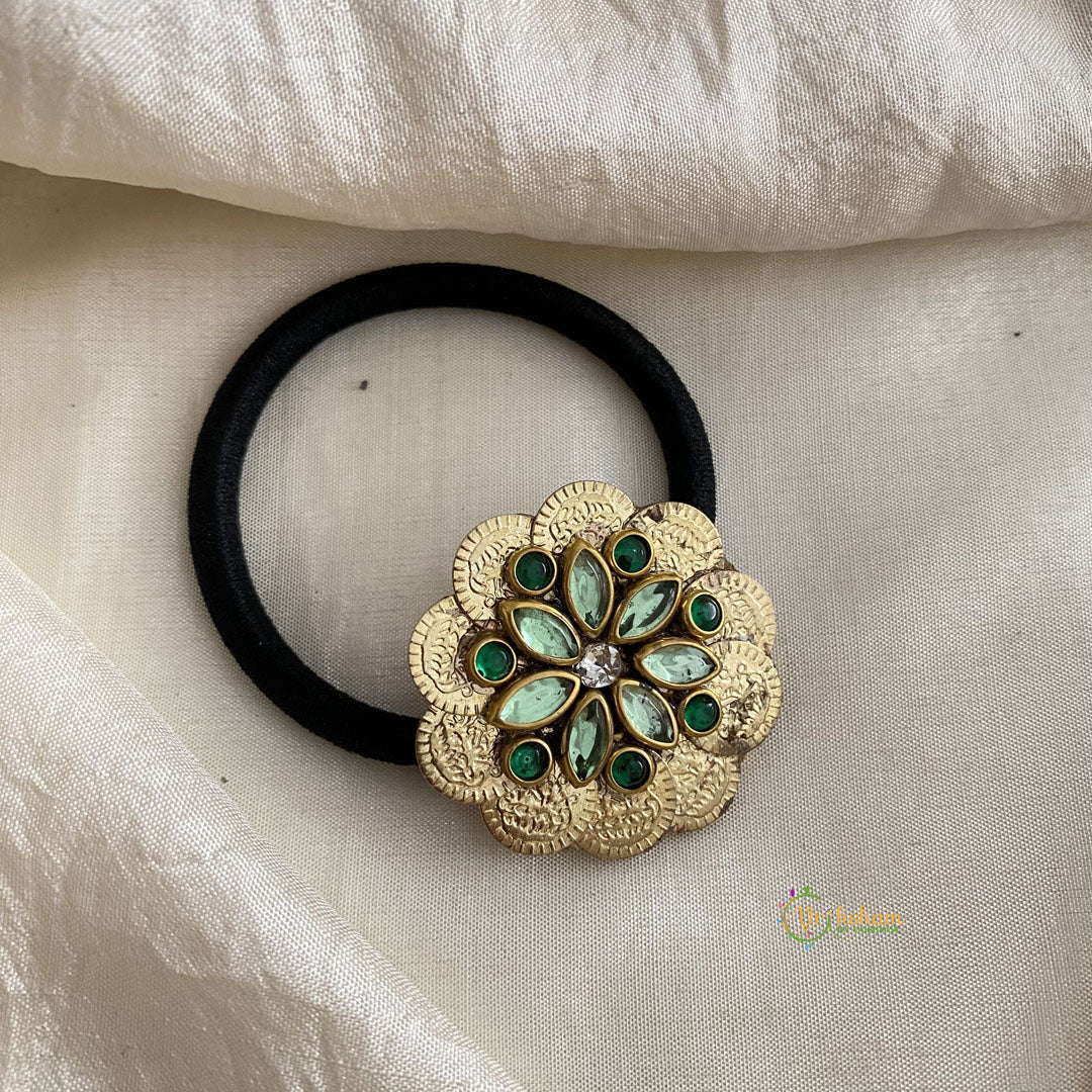 Premium Olive & Dark Green Floral Kundan Pendant Rubber Band-G14356