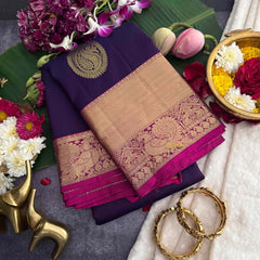 Vriksham Roya Dark Blue & Pink Border With Golden Zari Border Korvai Pure Silk Saree-VS4992