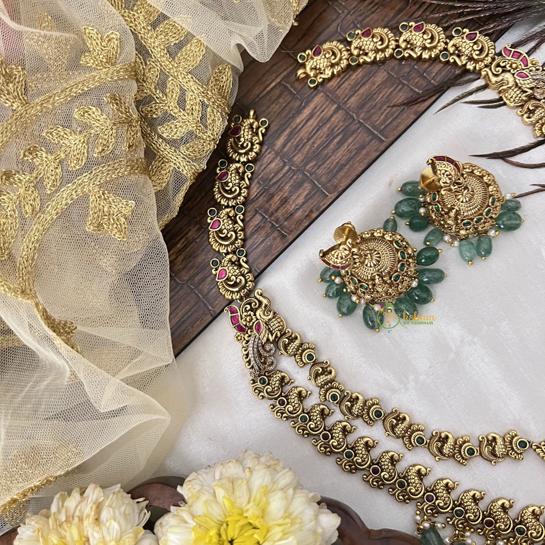 Vriksham Exclusive Lakshmi With Peacock Style Long Neckpiece-Aqua Green Bead-G19141
