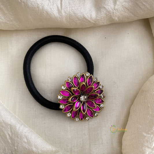 Hot Pink Flower Kundan Pendant Rubber Band - H690