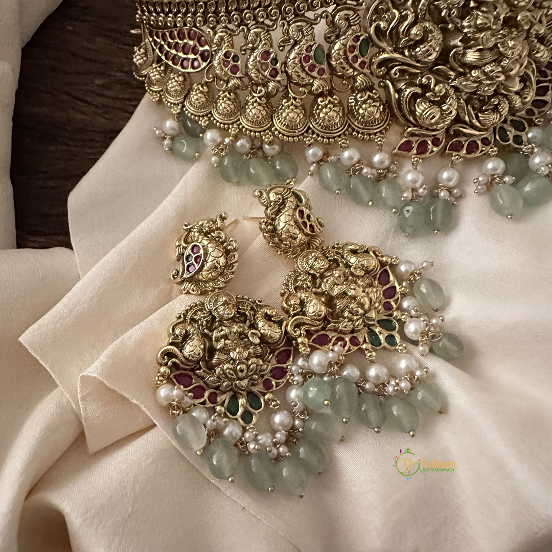 Vriksham Antique Lakshmi High Neck Choker-Aqua Green Bead-G15810