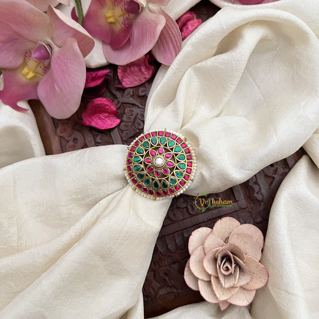 Vriksham Antique Floral Jadau Kundan Finger Ring-Red Green & White-Pearl-J3419