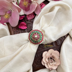 Vriksham Antique Floral Jadau Kundan Finger Ring-Red Green & White-Pearl-J3419