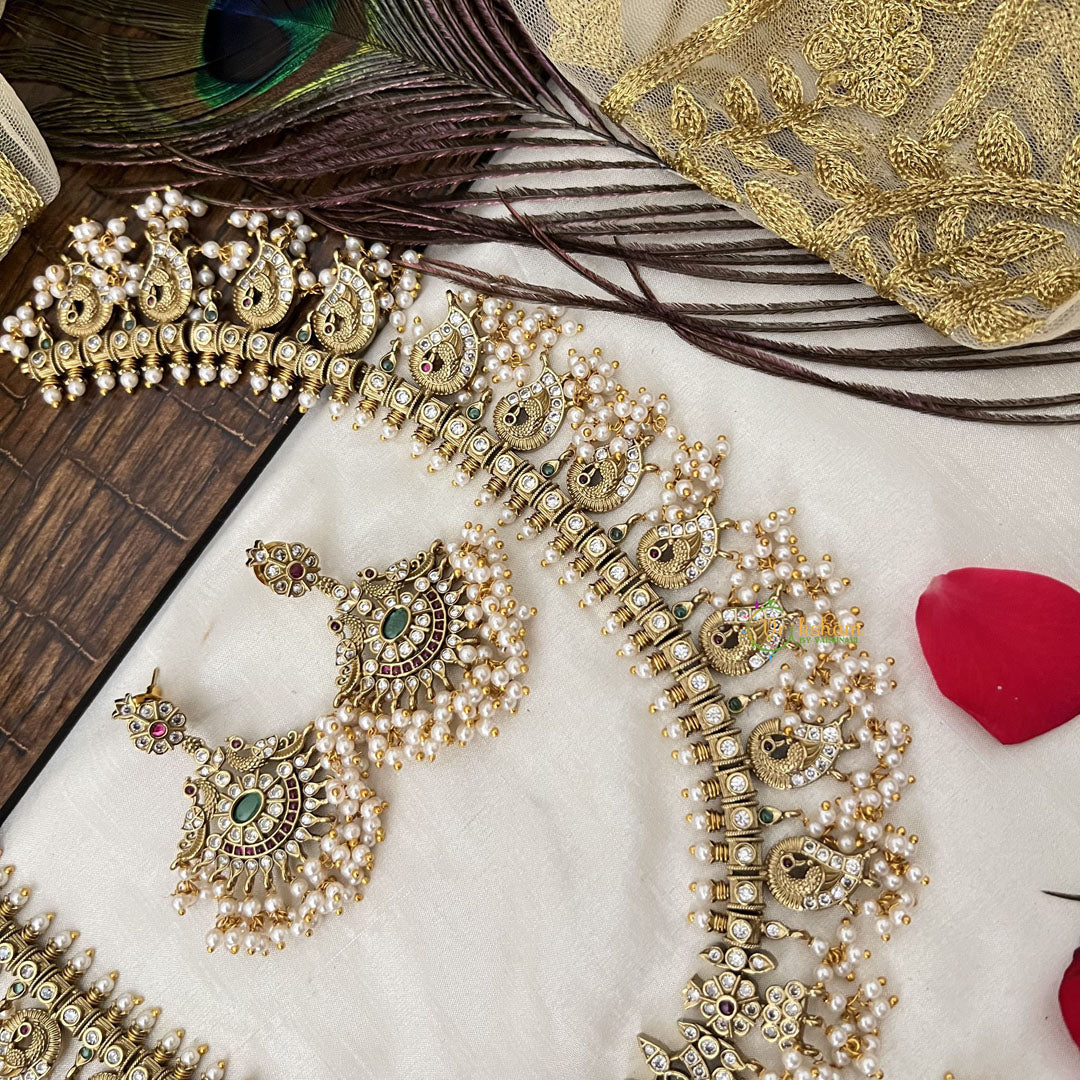 Vriksham Designer Peacock Style Guttapusalu Long Neckpiece-White-Pearl-G19157