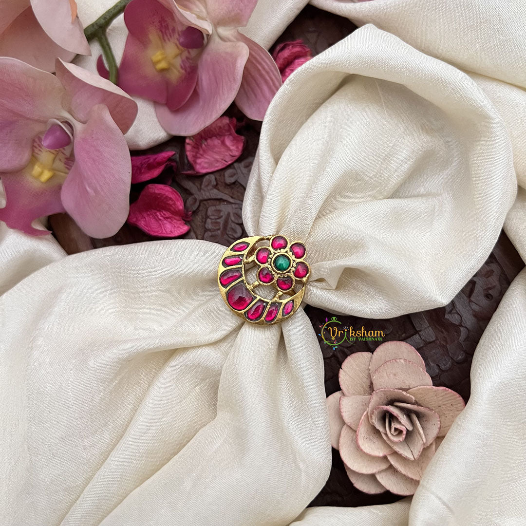 Vriksham Chandbali With Floral Jadau Kundan Finger Ring-Red Green-J3416