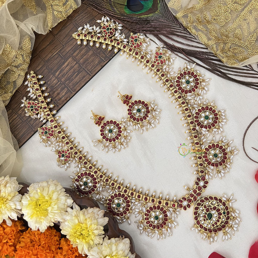 Vriksham Elegant Round Floral Style Guttapusalu Long Neckpiece-Rice Pearl-G19158