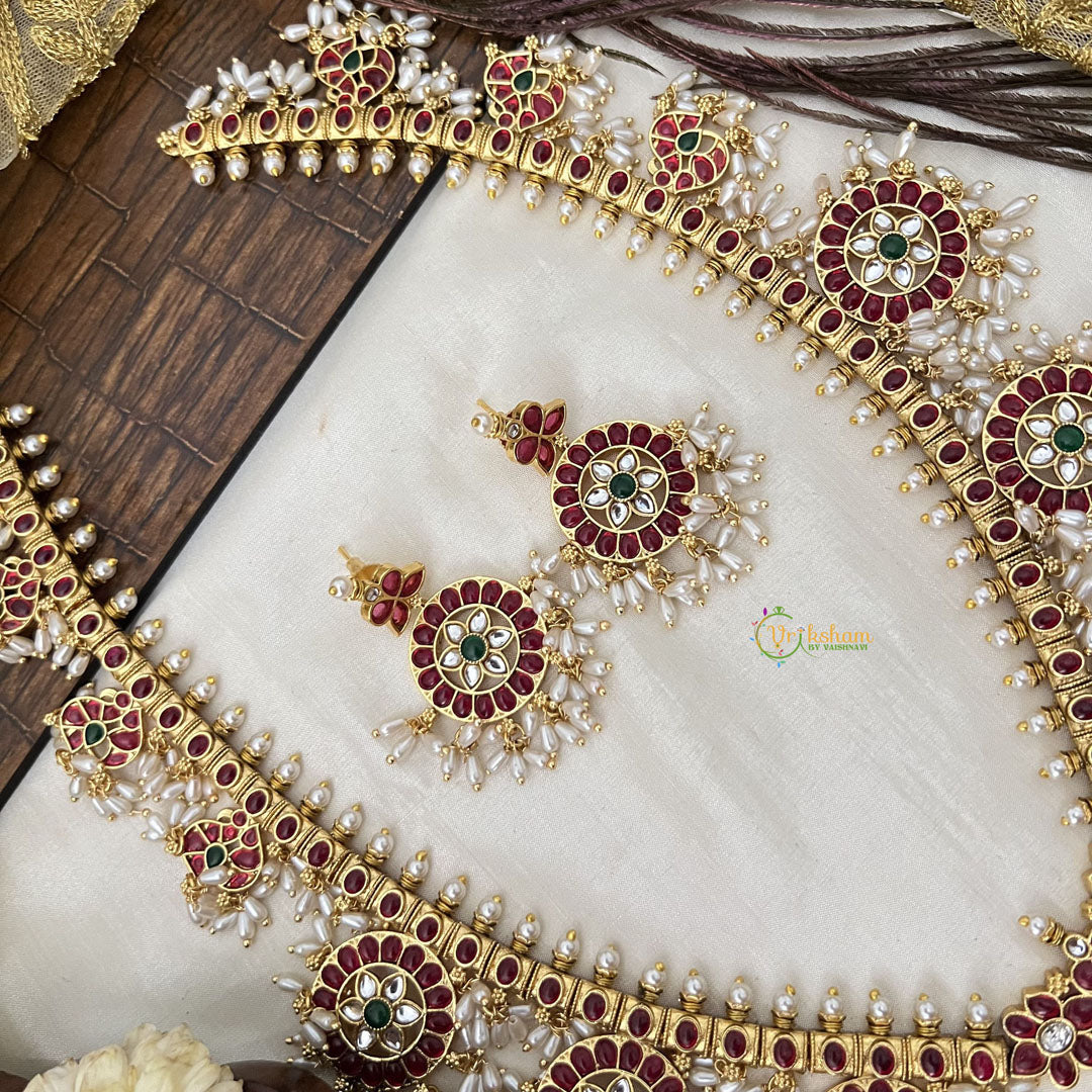 Vriksham Elegant Round Floral Style Guttapusalu Long Neckpiece-Rice Pearl-G19158
