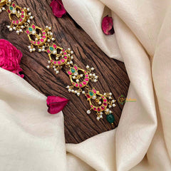 Vriksham Classic Half Moon With Lotus Style Kundan Jadau Jad Billai-Red Green-Pearls-J4104