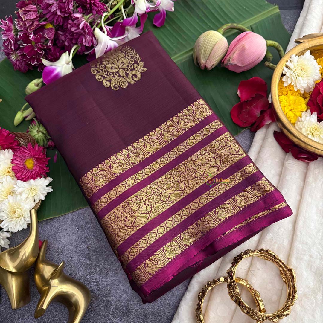 Vriksham Dark wine & Purple Border With Golden Zari Border Korvai Pure Silk Saree-VS4995