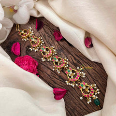 Vriksham Classic Half Moon With Lotus Style Kundan Jadau Jad Billai-Red Green-Pearls-J4104