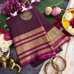 Vriksham Dark wine & Purple Border With Golden Zari Border Korvai Pure Silk Saree-VS4995