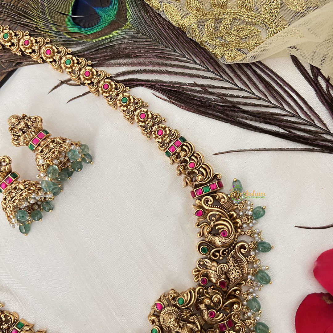 Vriksham Traditional Gold Lakshmi Temple With Floral Haram-Red Green-Aqua Green Bead-G19135