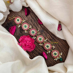 Vriksham Floral 6 Round Style Kundan Jadau Jad Billai-Red Green& White-Pearls-J4102