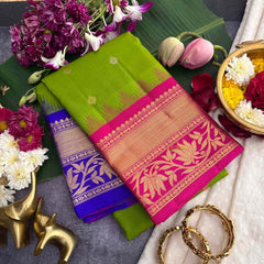Vriksham Parrot Green & Dual Blue Pink Border With Golden Zari Border Pure Silk Saree-VS4997