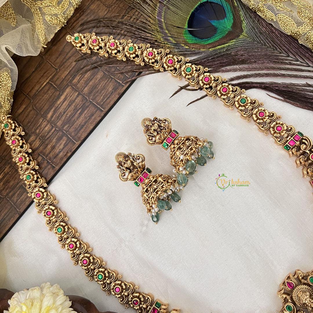 Vriksham Traditional Gold Lakshmi Temple With Floral Haram-Red Green-Aqua Green Bead-G19135